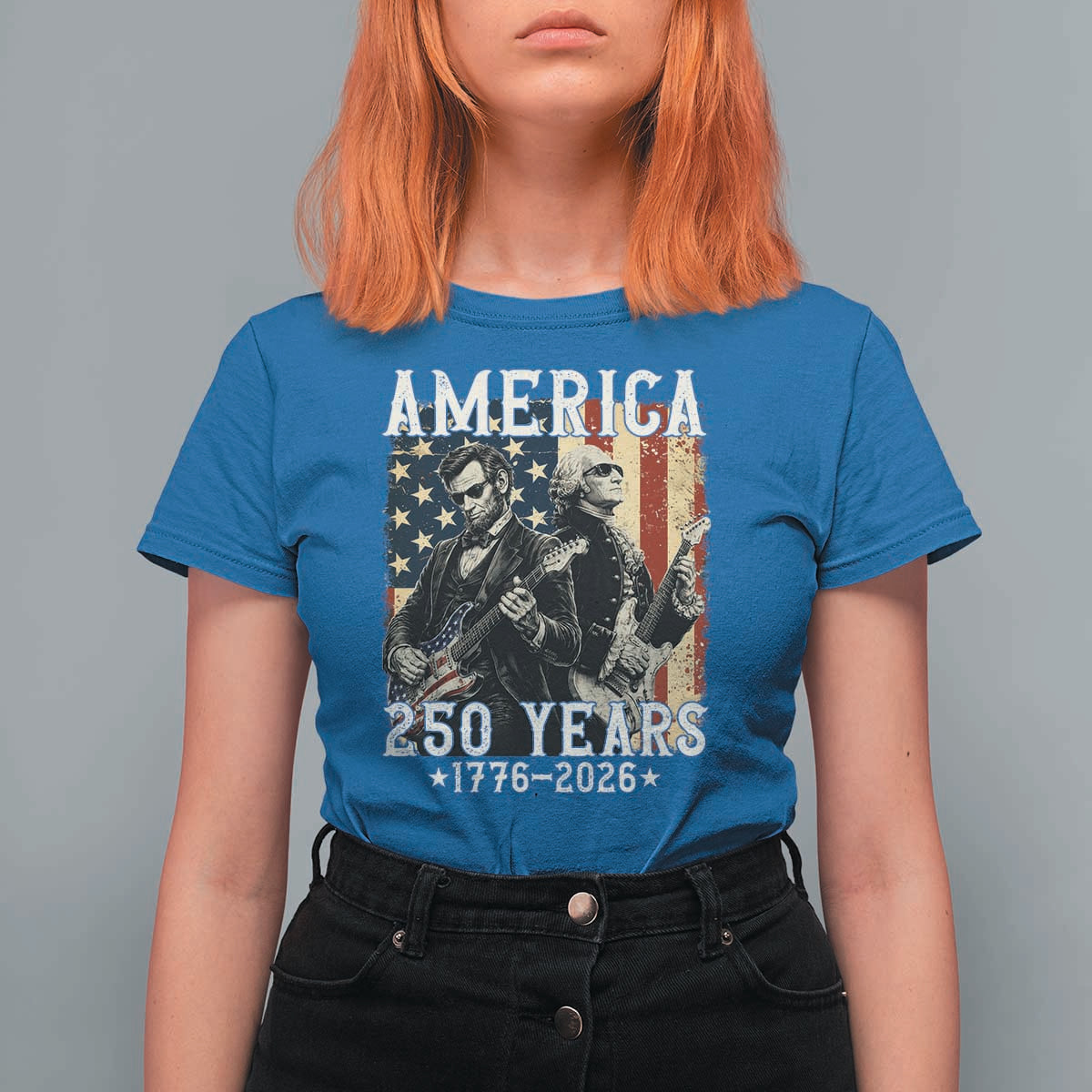 George Washington Abe Lincoln Playing Guitar T Shirt For Women USA 250th Anniversary Guitarist Graphic