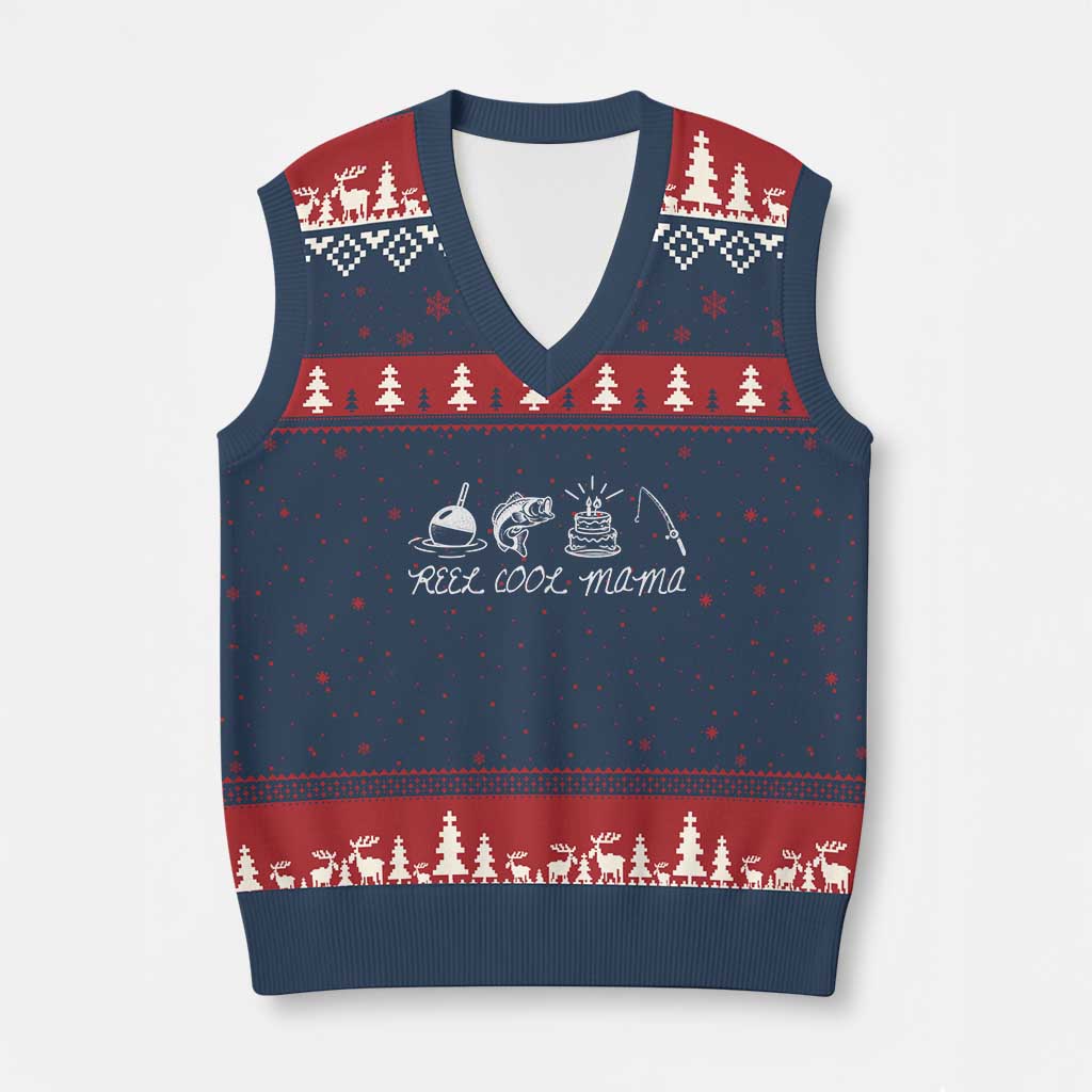 Reel Cool Mama V-Neck Knit Sweater Vest Funny Fishing Mom Birthday Gift