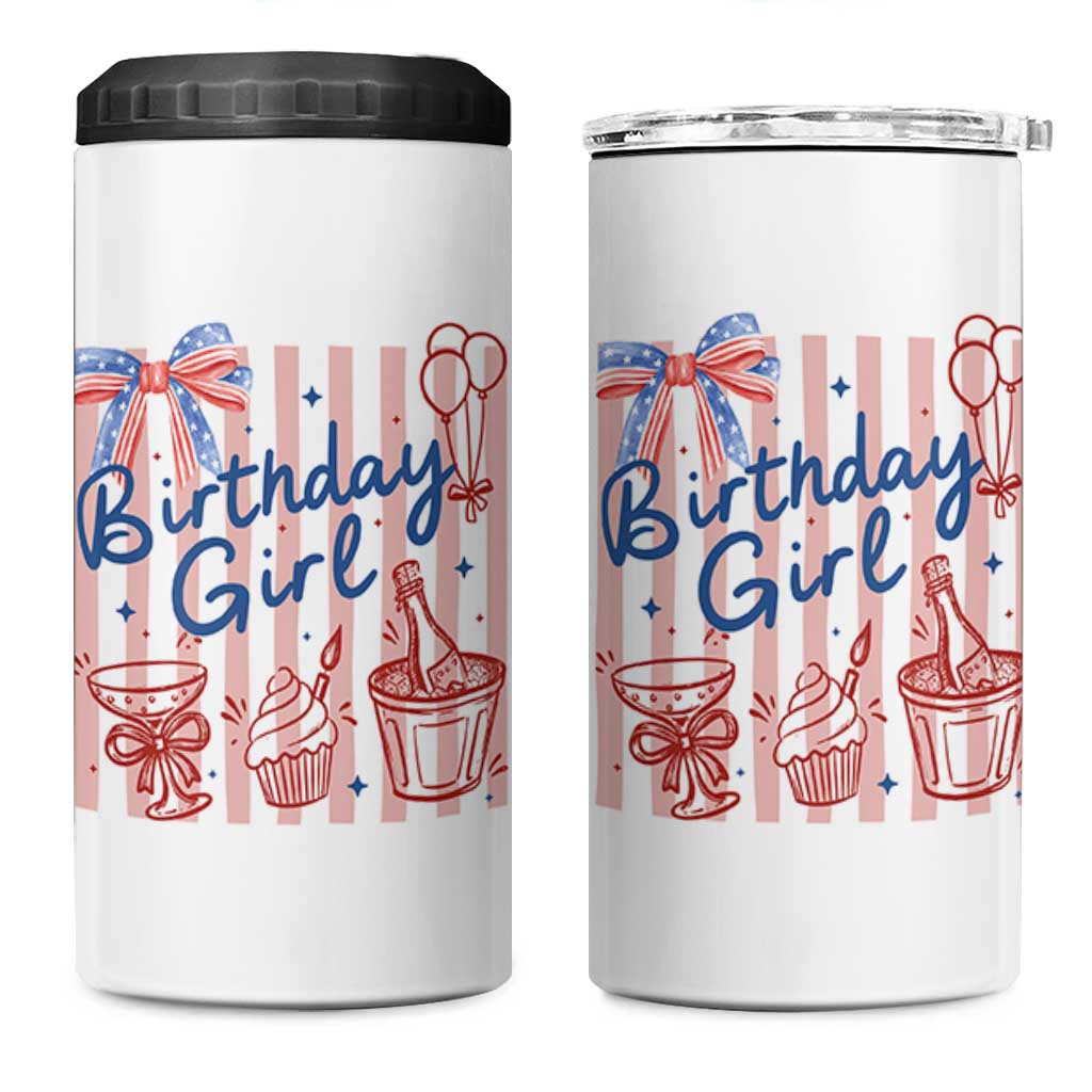 Patriotic Birthday Girl 4 in 1 Can Cooler Tumbler Red White And Blue Party Graphic