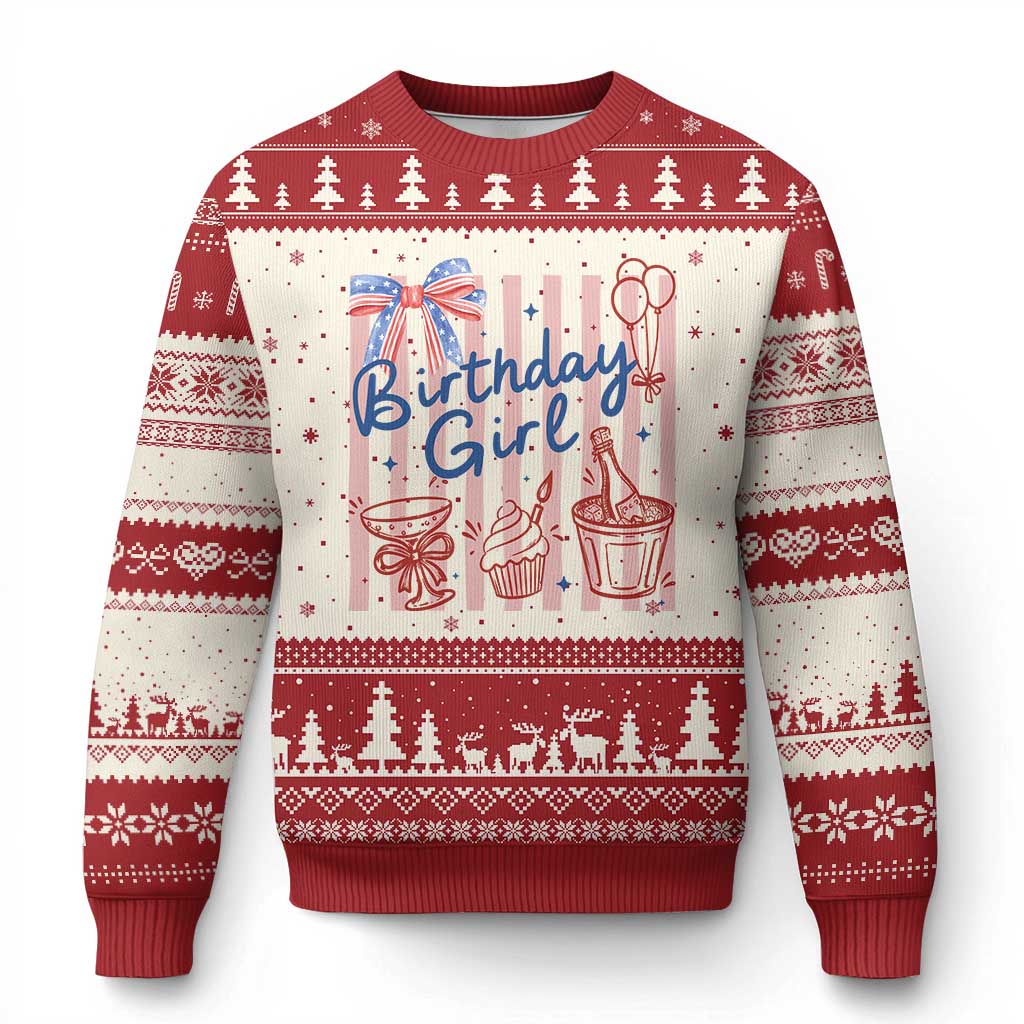 Patriotic Birthday Girl Ugly Christmas Sweater Red White And Blue Party Graphic