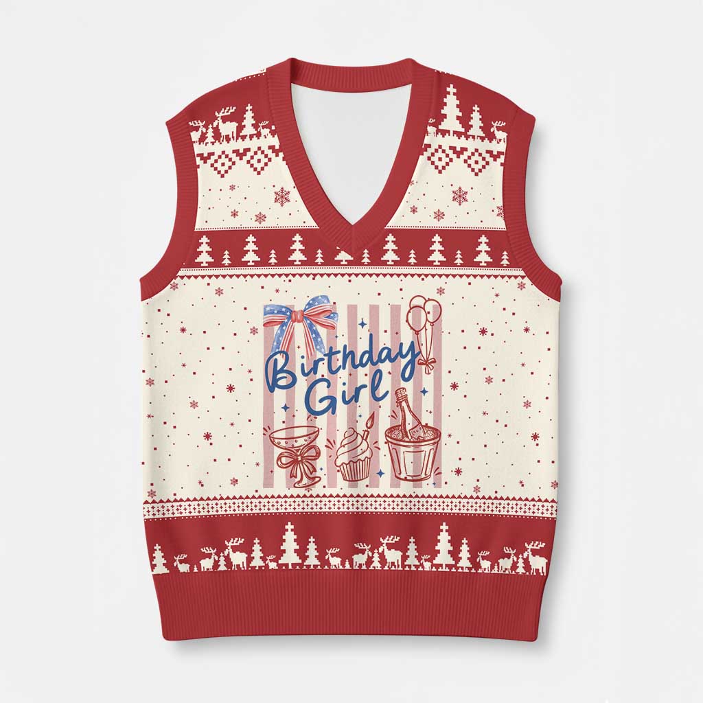 Patriotic Birthday Girl V-Neck Knit Sweater Vest Red White And Blue Party Graphic