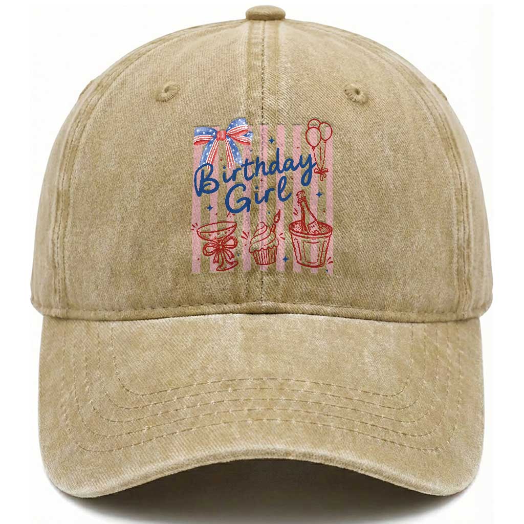 Patriotic Birthday Girl Washed Cotton Baseball Cap Red White And Blue Party Graphic