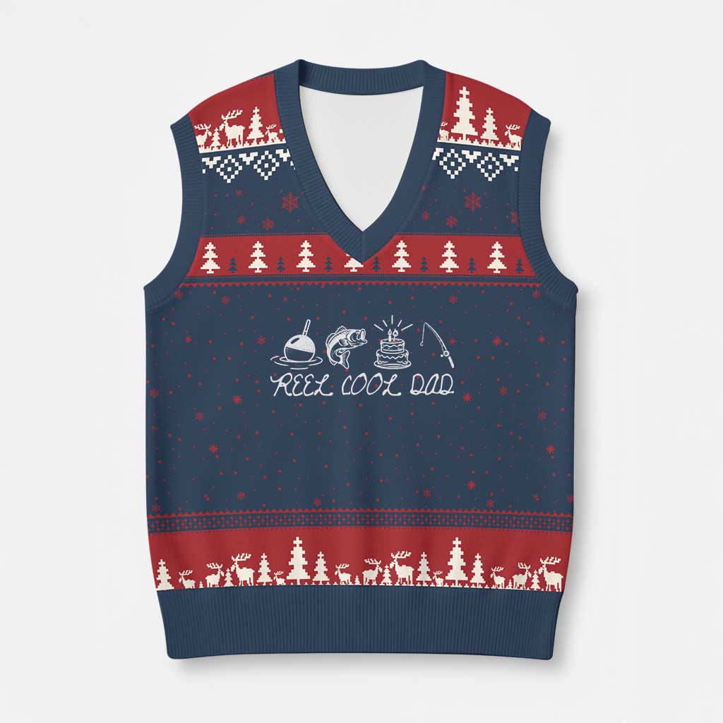 Reel Cool Dad V-Neck Knit Sweater Vest Funny Fishing Dad Birthday Gift