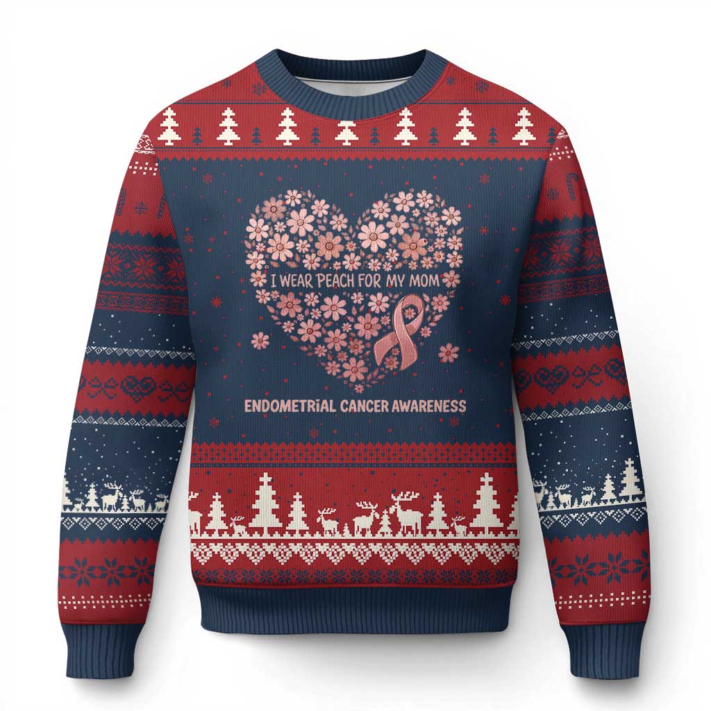 Endometrial Cancer Family Support Ugly Christmas Sweater I Wear Peach For My Mom