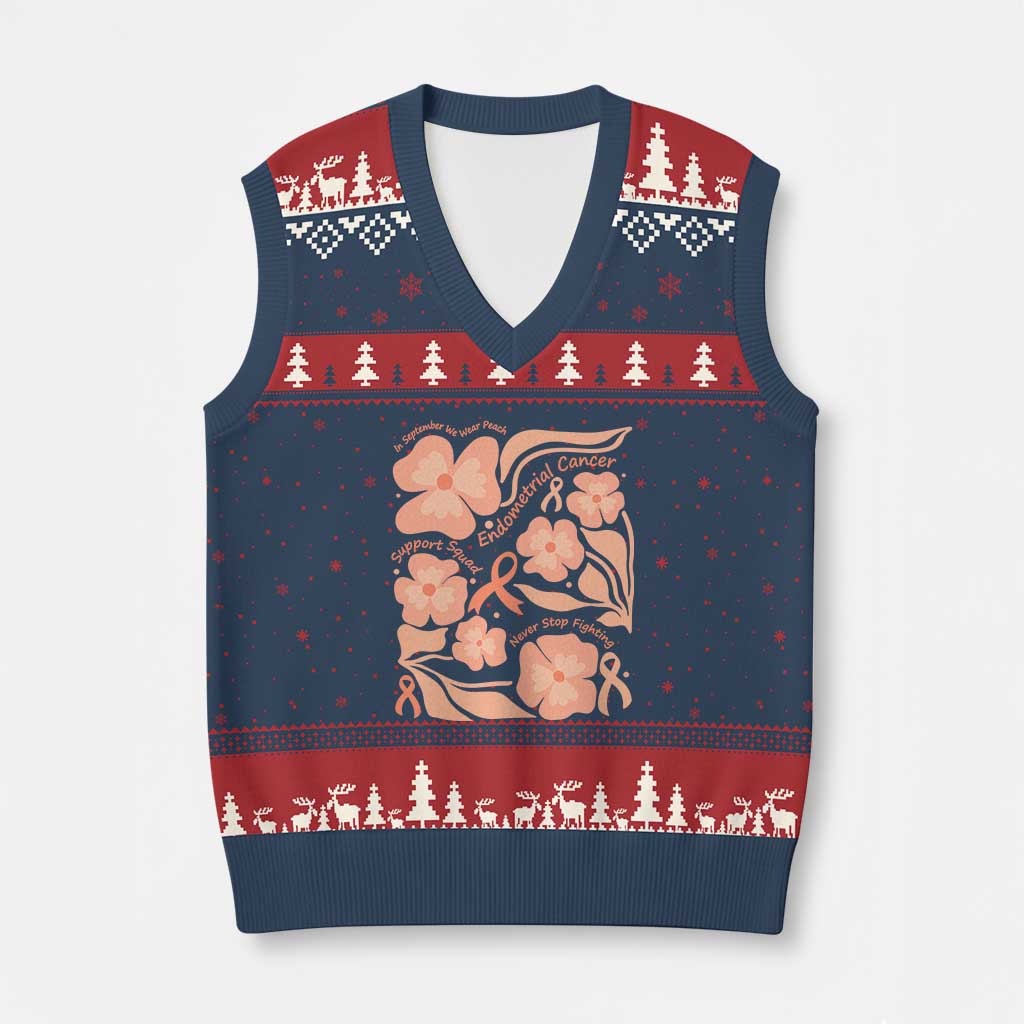 Endometrial Cancer Support Squad Floral Gift V-Neck Knit Sweater Vest In September We Wear Peach
