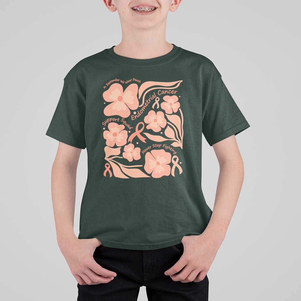 Endometrial Cancer Support Squad Floral Gift T Shirt For Kid In September We Wear Peach