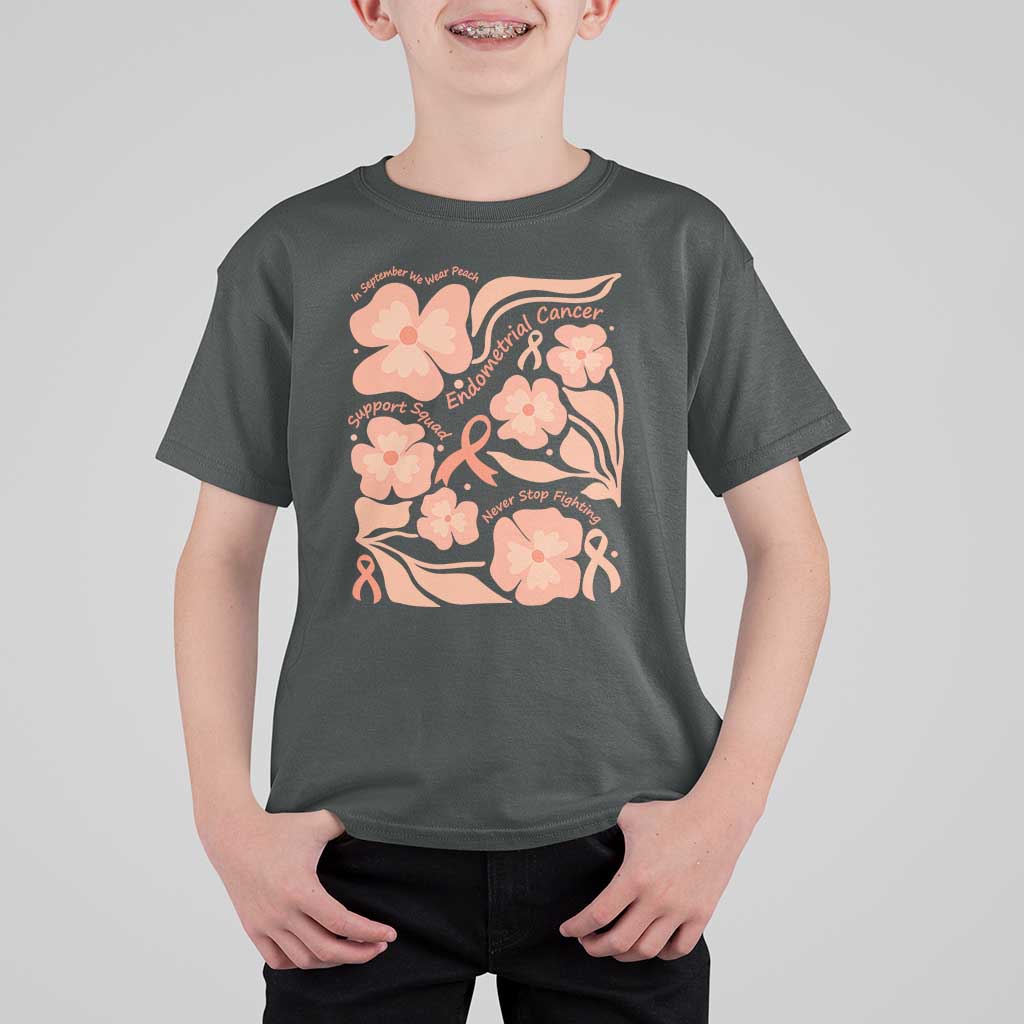 Endometrial Cancer Support Squad Floral Gift T Shirt For Kid In September We Wear Peach