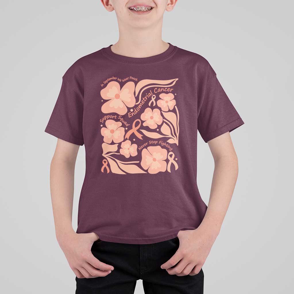 Endometrial Cancer Support Squad Floral Gift T Shirt For Kid In September We Wear Peach