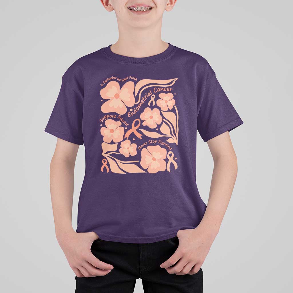 Endometrial Cancer Support Squad Floral Gift T Shirt For Kid In September We Wear Peach
