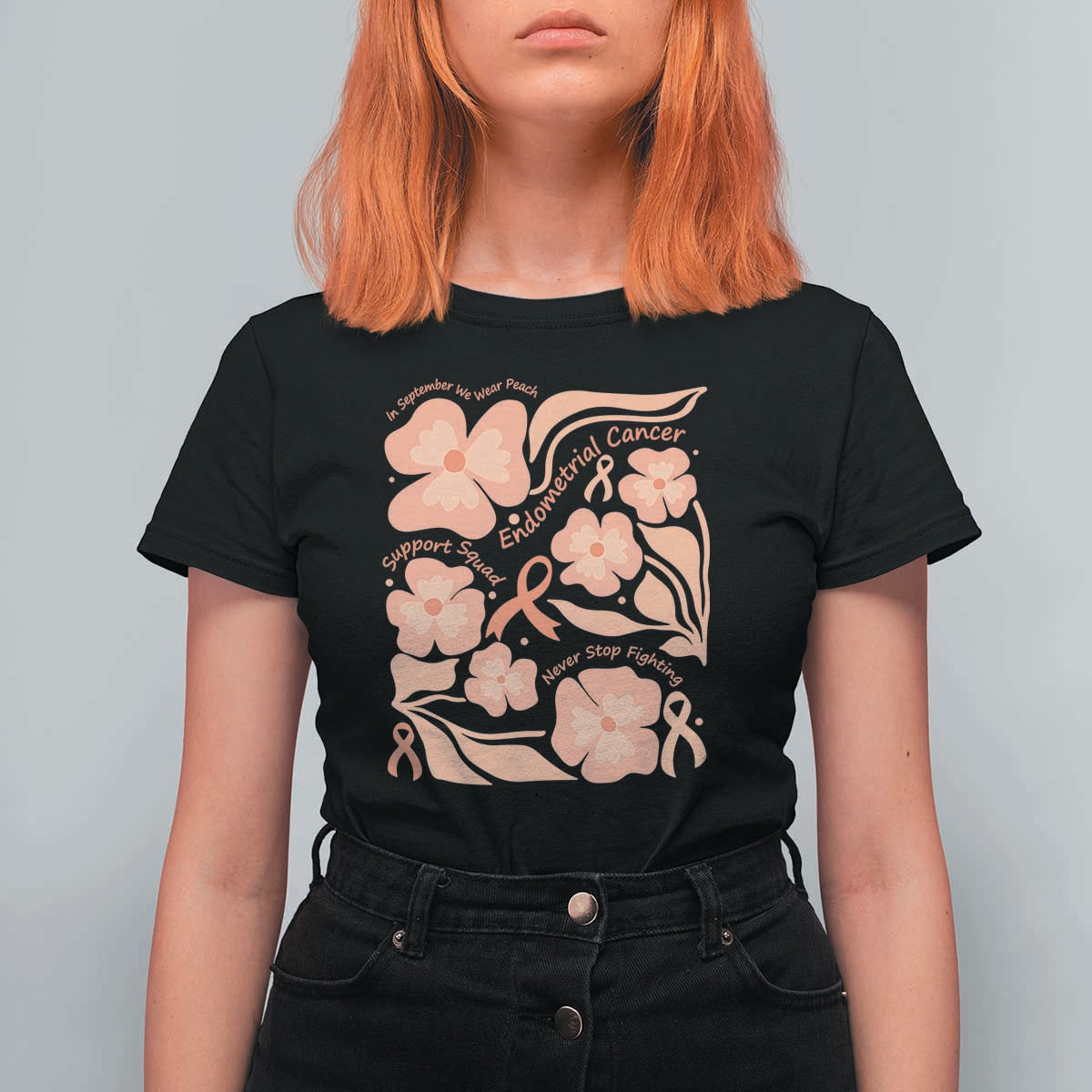 Endometrial Cancer Support Squad Floral Gift T Shirt For Women In September We Wear Peach