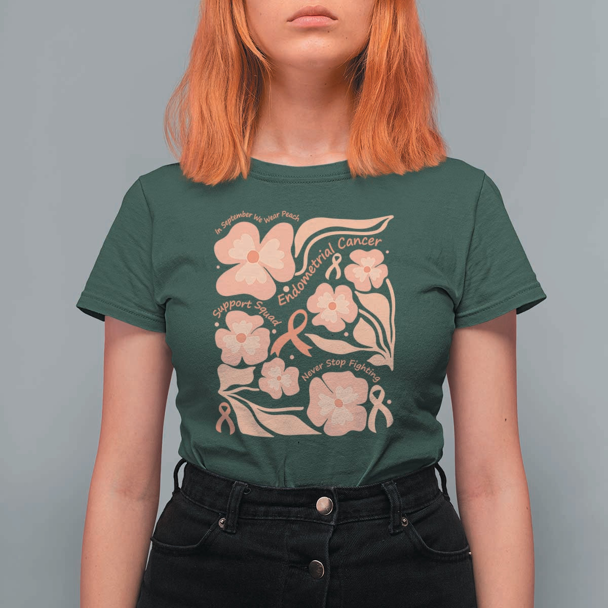 Endometrial Cancer Support Squad Floral Gift T Shirt For Women In September We Wear Peach