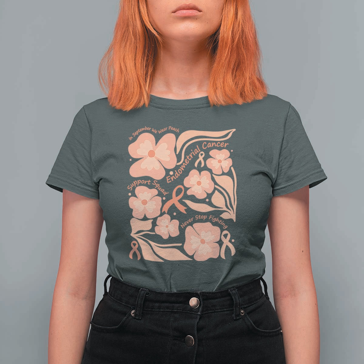 Endometrial Cancer Support Squad Floral Gift T Shirt For Women In September We Wear Peach