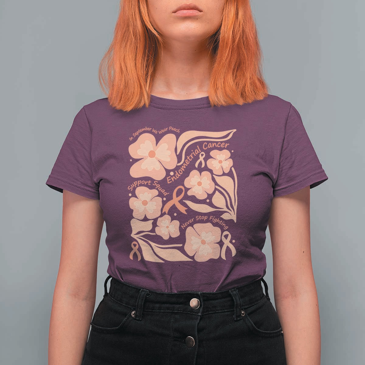 Endometrial Cancer Support Squad Floral Gift T Shirt For Women In September We Wear Peach