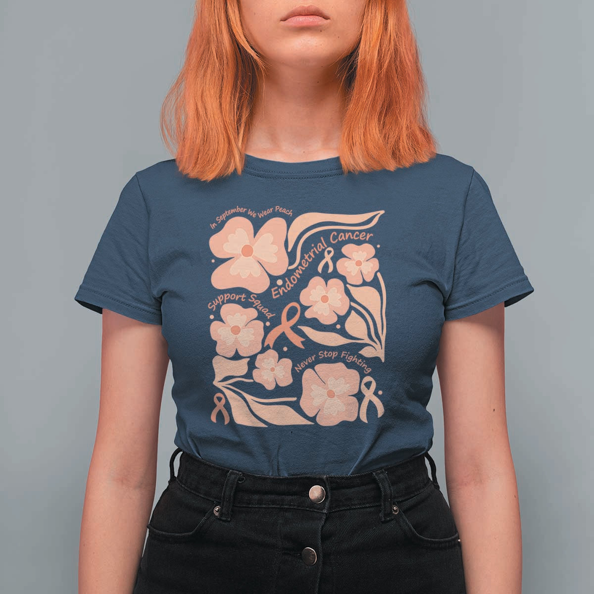 Endometrial Cancer Support Squad Floral Gift T Shirt For Women In September We Wear Peach