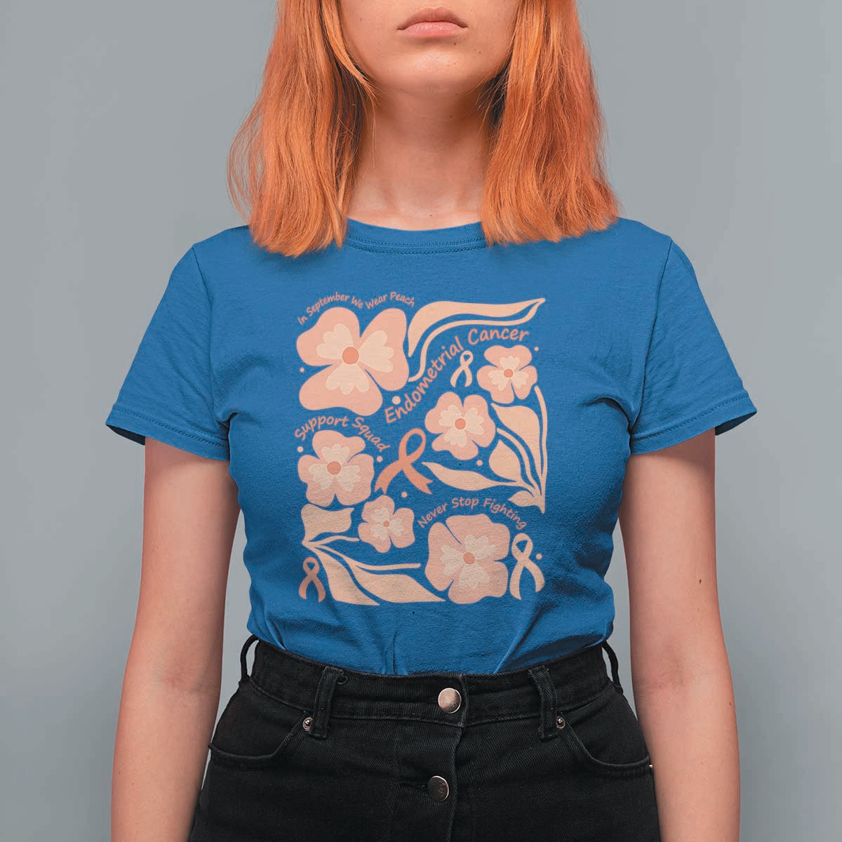 Endometrial Cancer Support Squad Floral Gift T Shirt For Women In September We Wear Peach