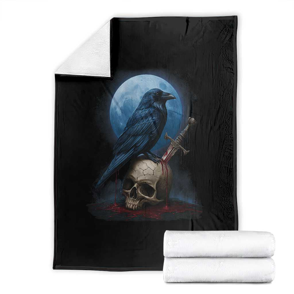Horror Raven On Skull Throw Blanket Full Moon Gothic Art - Wonder Print Shop