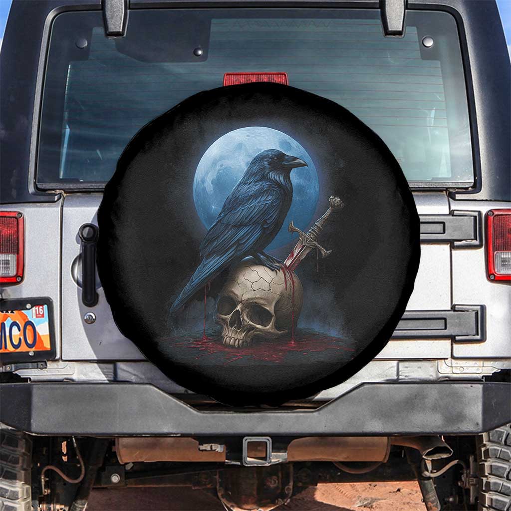 Horror Raven On Skull Spare Tire Cover Full Moon Gothic Art - Wonder Print Shop