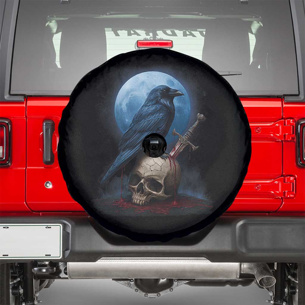 Horror Raven On Skull Spare Tire Cover Full Moon Gothic Art - Wonder Print Shop