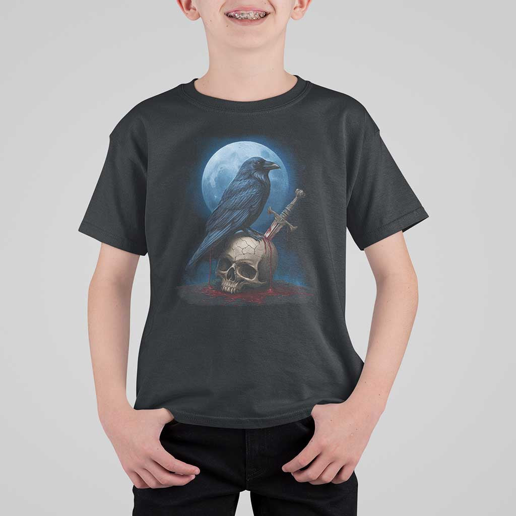 Horror Raven On Skull T Shirt For Kid Full Moon Gothic Art - Wonder Print Shop