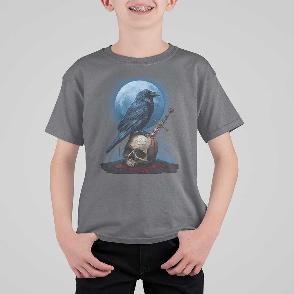 Horror Raven On Skull T Shirt For Kid Full Moon Gothic Art - Wonder Print Shop