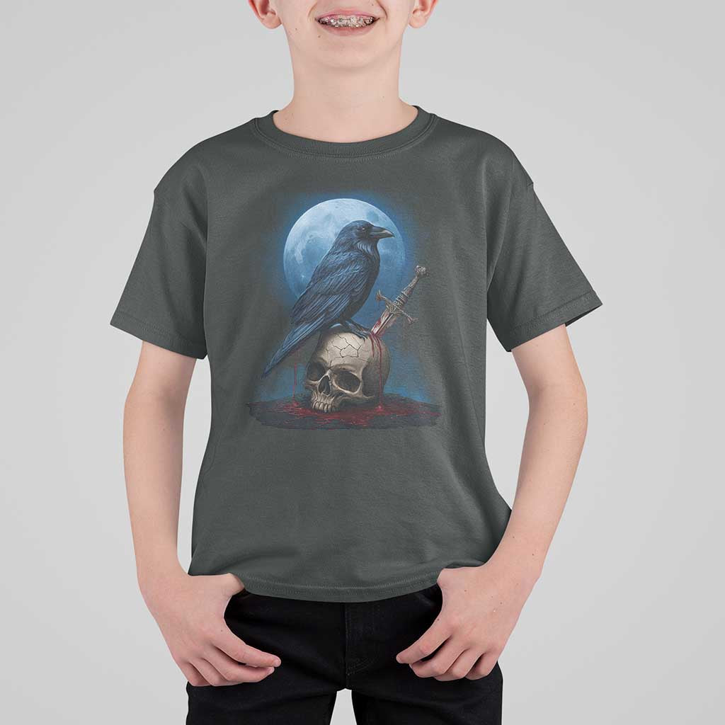 Horror Raven On Skull T Shirt For Kid Full Moon Gothic Art - Wonder Print Shop