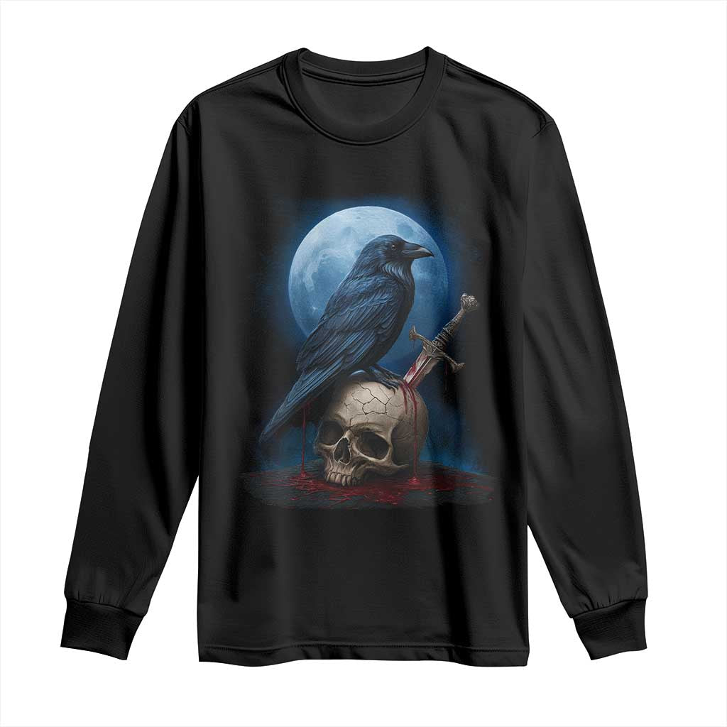 Horror Raven On Skull Long Sleeve Shirt Full Moon Gothic Art - Wonder Print Shop