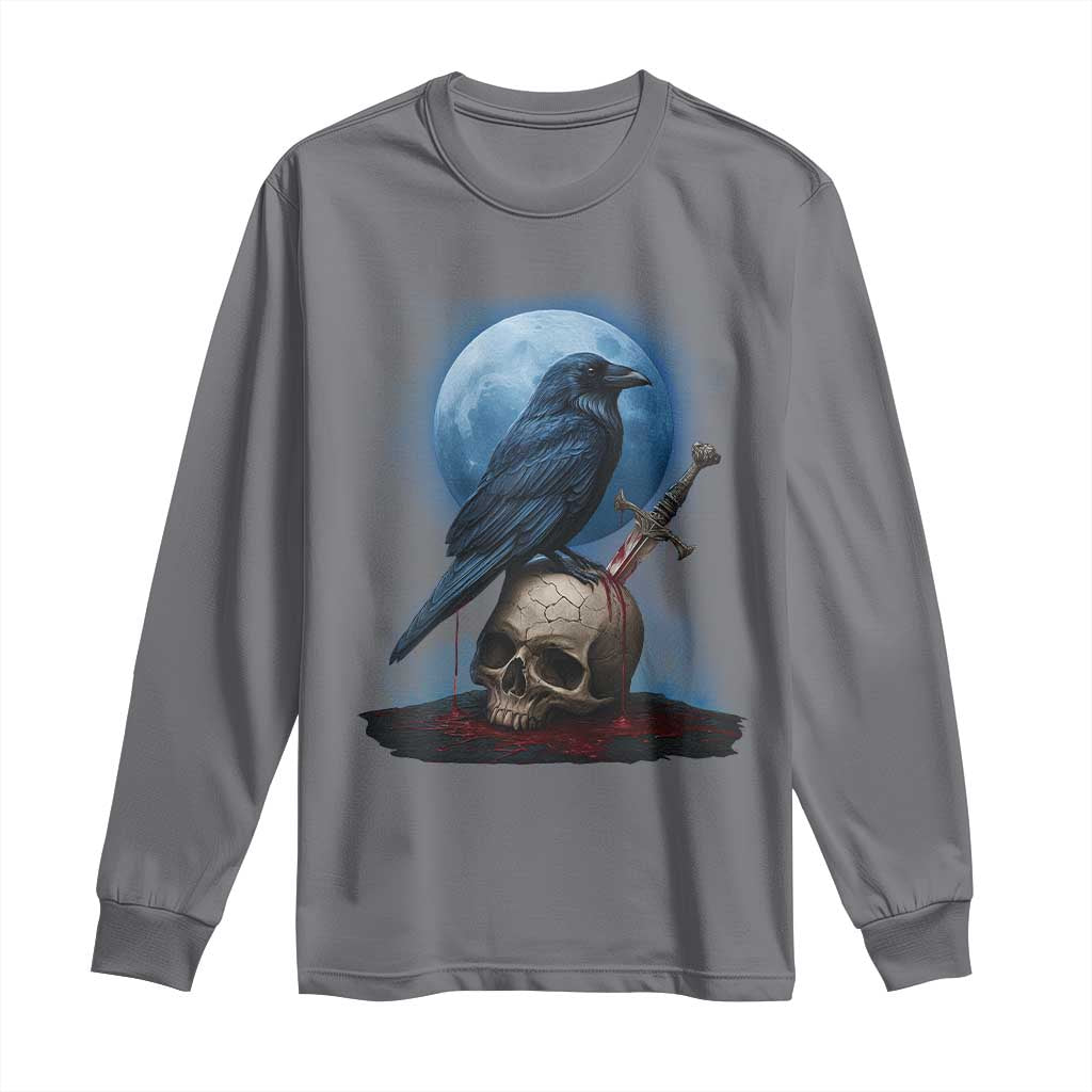 Horror Raven On Skull Long Sleeve Shirt Full Moon Gothic Art - Wonder Print Shop