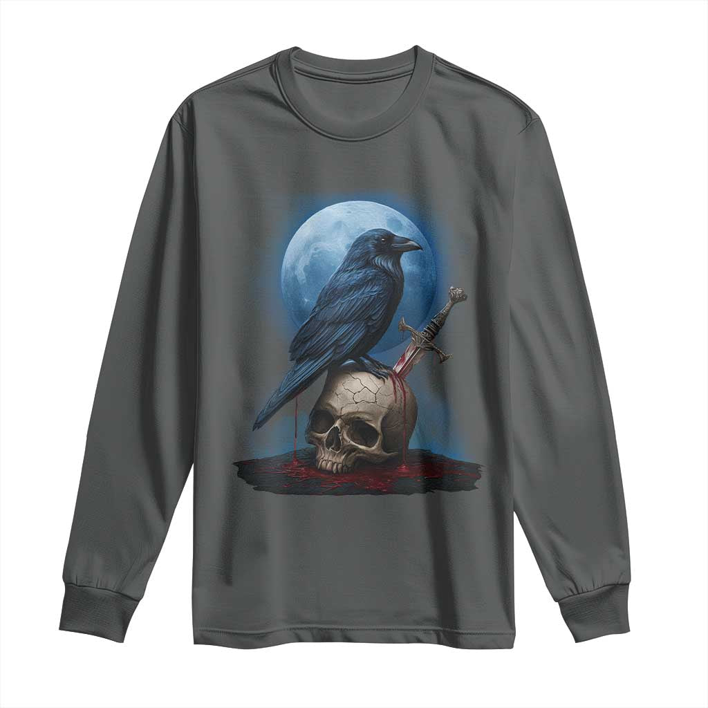 Horror Raven On Skull Long Sleeve Shirt Full Moon Gothic Art - Wonder Print Shop