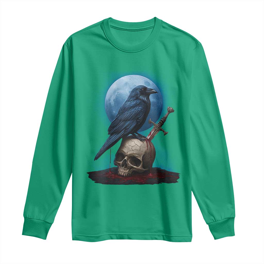 Horror Raven On Skull Long Sleeve Shirt Full Moon Gothic Art - Wonder Print Shop