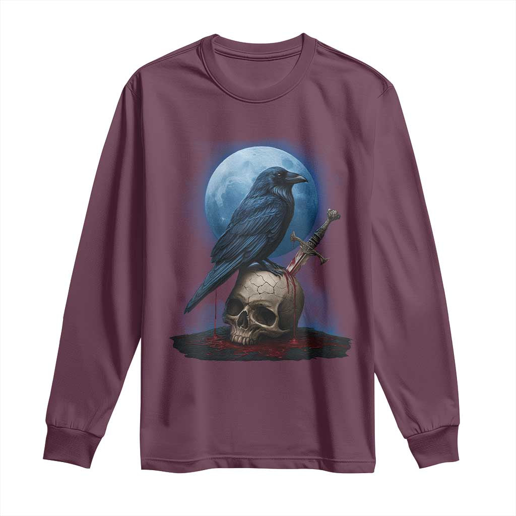 Horror Raven On Skull Long Sleeve Shirt Full Moon Gothic Art - Wonder Print Shop