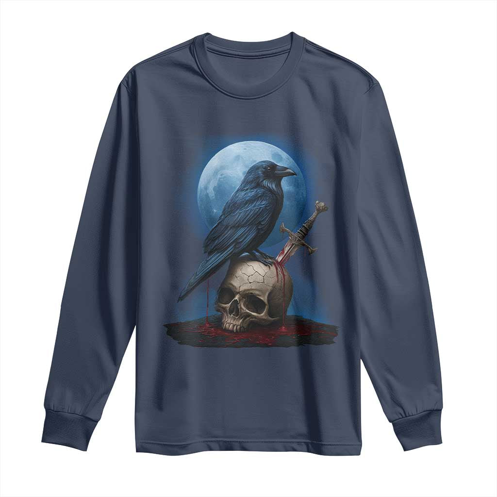Horror Raven On Skull Long Sleeve Shirt Full Moon Gothic Art - Wonder Print Shop