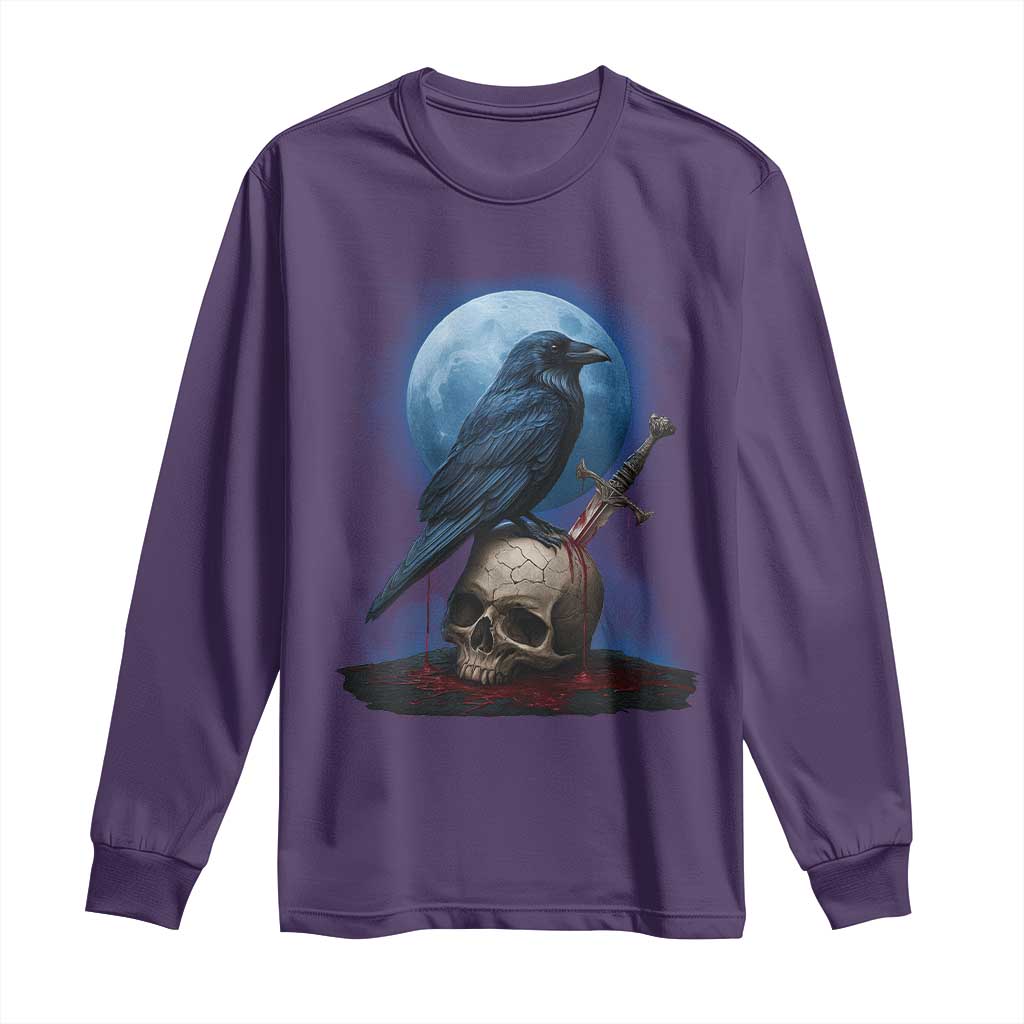 Horror Raven On Skull Long Sleeve Shirt Full Moon Gothic Art - Wonder Print Shop