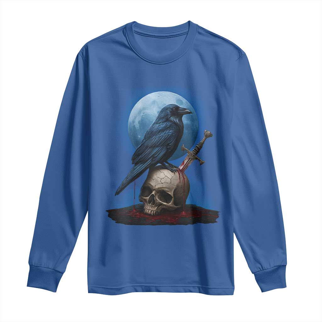 Horror Raven On Skull Long Sleeve Shirt Full Moon Gothic Art - Wonder Print Shop
