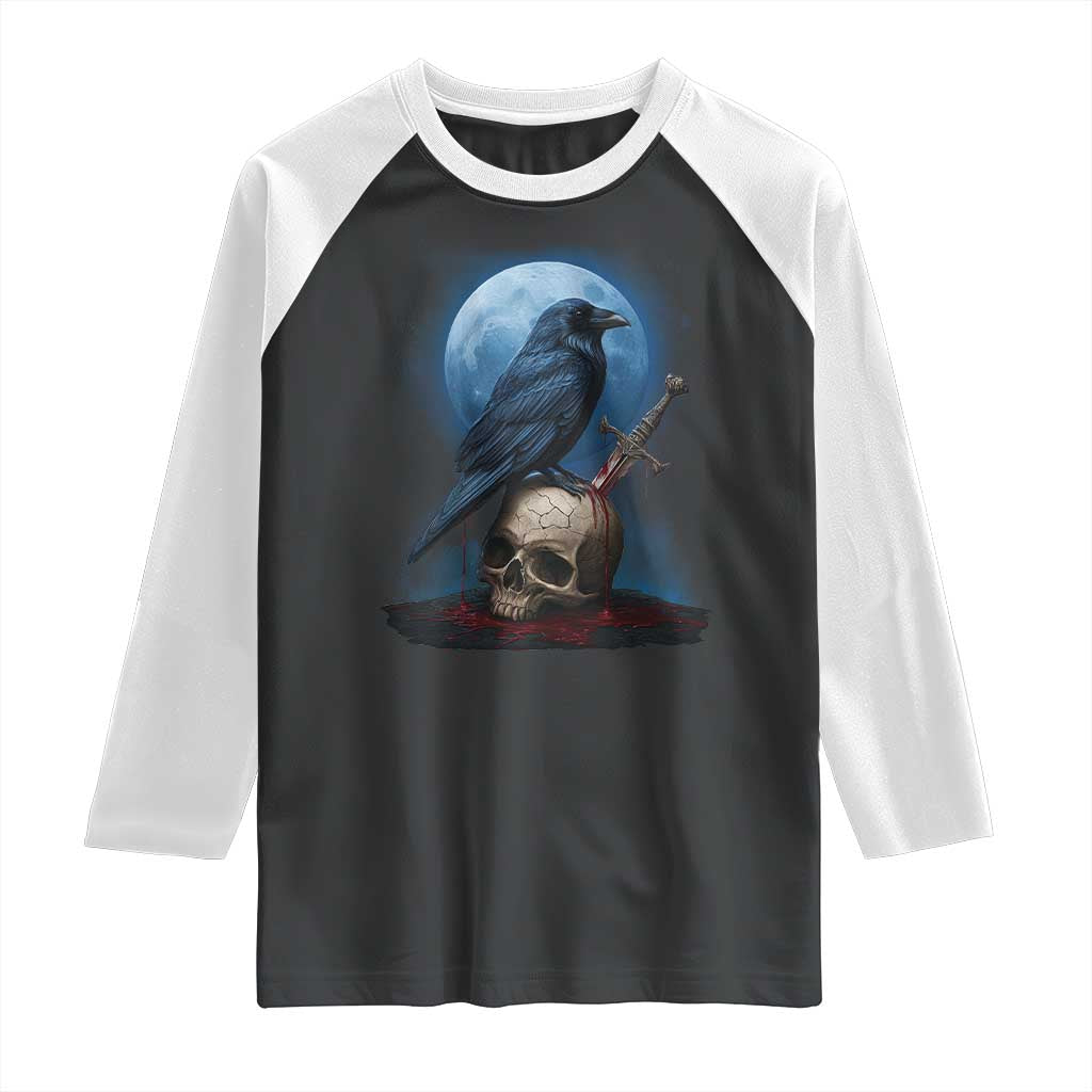 Horror Raven On Skull Raglan Shirt Full Moon Gothic Art - Wonder Print Shop