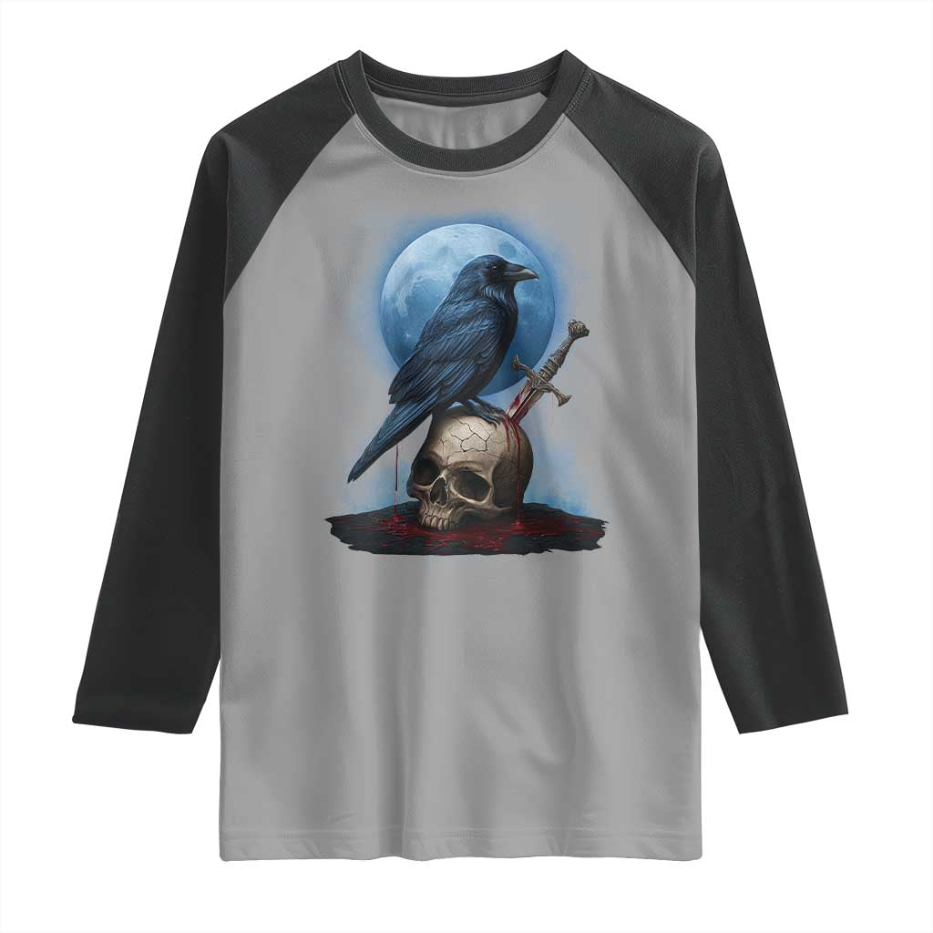 Horror Raven On Skull Raglan Shirt Full Moon Gothic Art - Wonder Print Shop