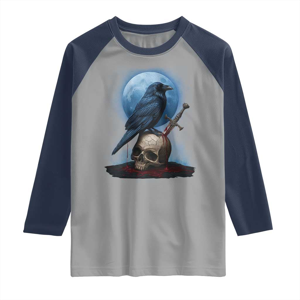 Horror Raven On Skull Raglan Shirt Full Moon Gothic Art - Wonder Print Shop