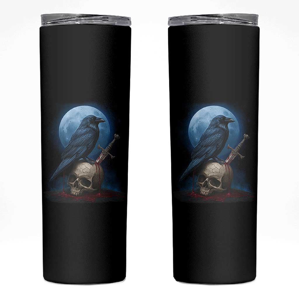 Horror Raven On Skull Skinny Tumbler Full Moon Gothic Art