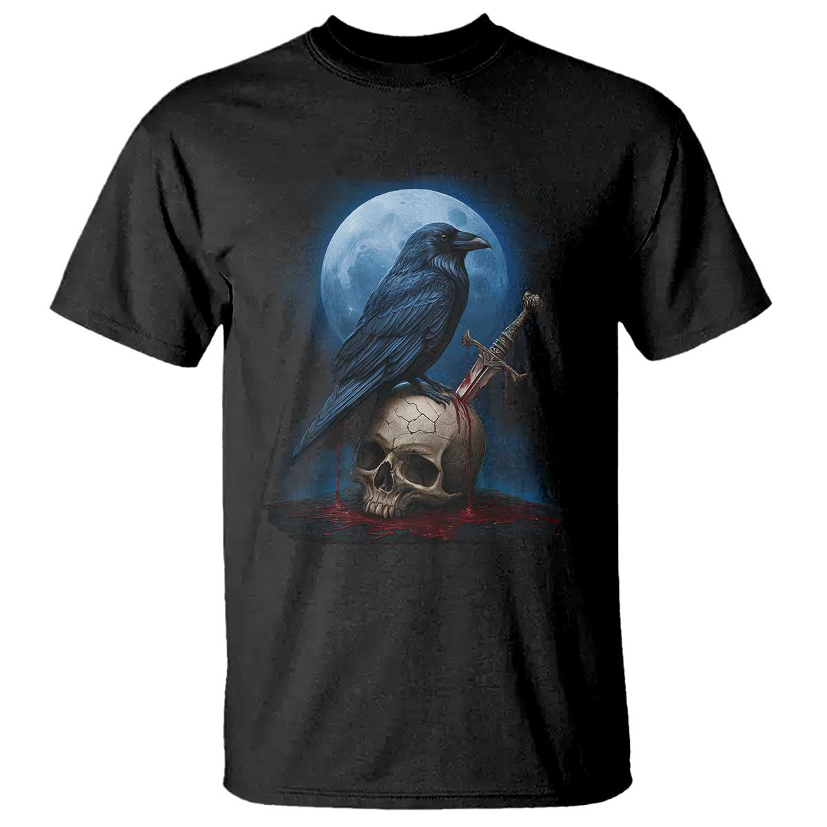 Horror Raven On Skull T Shirt Full Moon Gothic Art - Wonder Print Shop