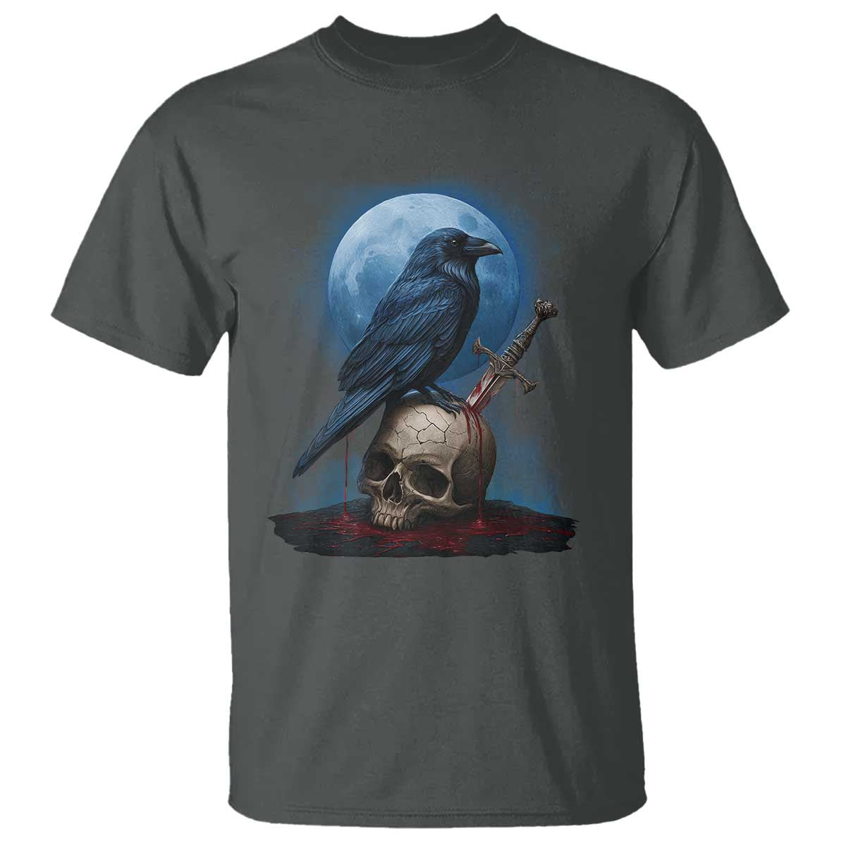 Horror Raven On Skull T Shirt Full Moon Gothic Art - Wonder Print Shop