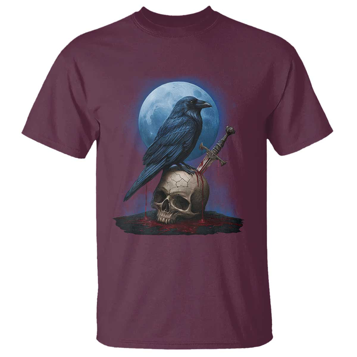 Horror Raven On Skull T Shirt Full Moon Gothic Art - Wonder Print Shop