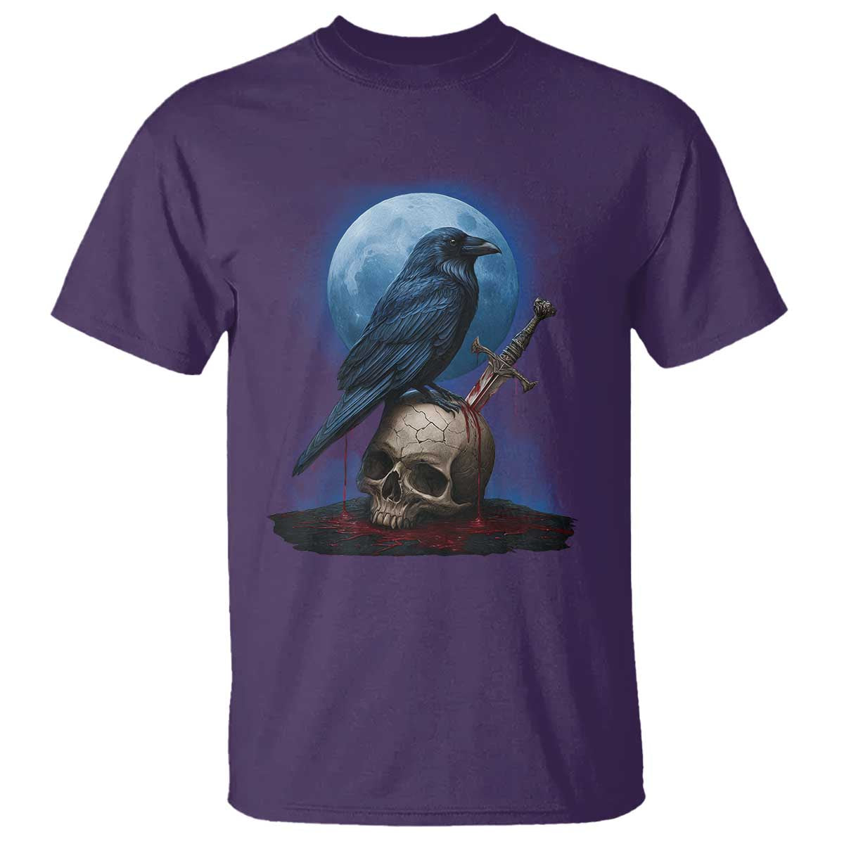 Horror Raven On Skull T Shirt Full Moon Gothic Art - Wonder Print Shop