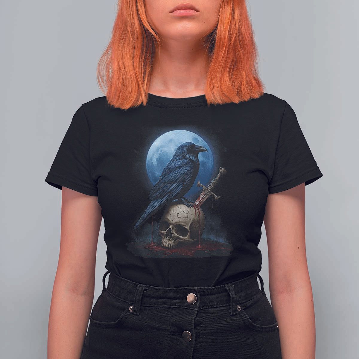 Horror Raven On Skull T Shirt For Women Full Moon Gothic Art - Wonder Print Shop