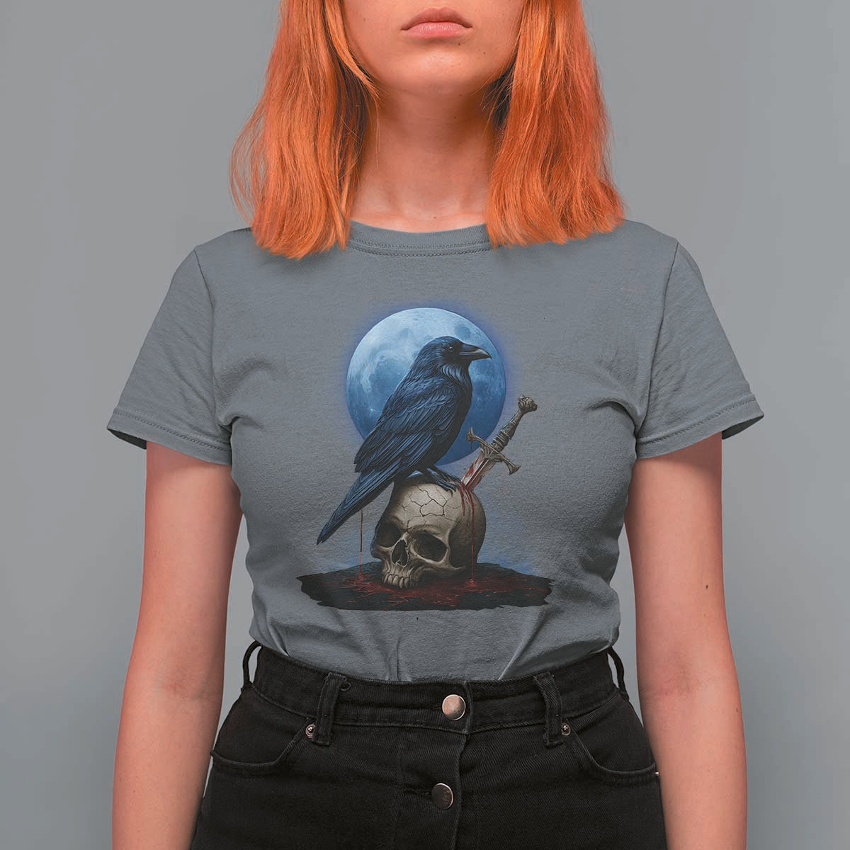 Horror Raven On Skull T Shirt For Women Full Moon Gothic Art - Wonder Print Shop