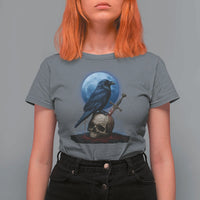 Horror Raven On Skull T Shirt For Women Full Moon Gothic Art - Wonder Print Shop