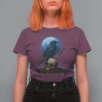 Horror Raven On Skull T Shirt For Women Full Moon Gothic Art - Wonder Print Shop