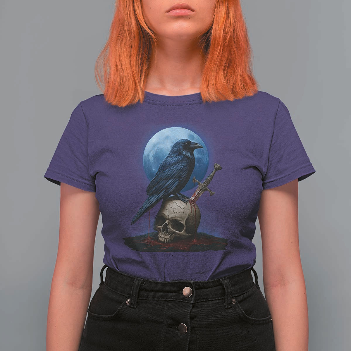 Horror Raven On Skull T Shirt For Women Full Moon Gothic Art - Wonder Print Shop