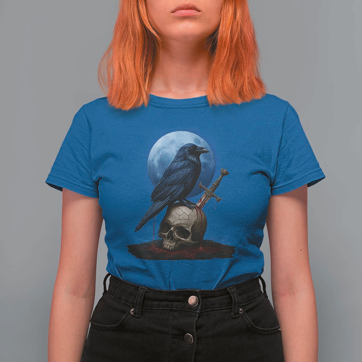 Horror Raven On Skull T Shirt For Women Full Moon Gothic Art - Wonder Print Shop