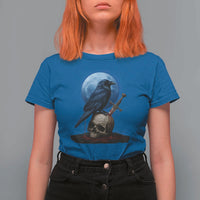 Horror Raven On Skull T Shirt For Women Full Moon Gothic Art - Wonder Print Shop