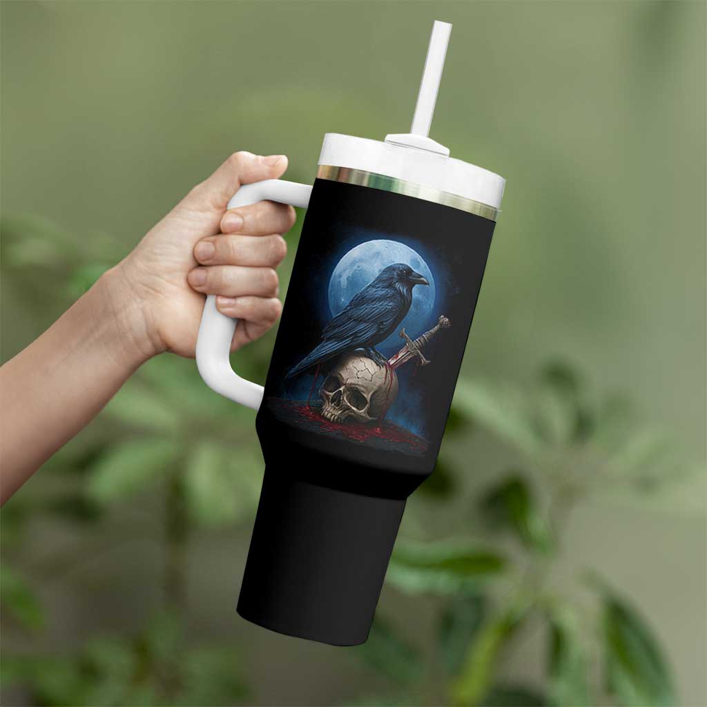 Horror Raven On Skull Tumbler With Handle Full Moon Gothic Art
