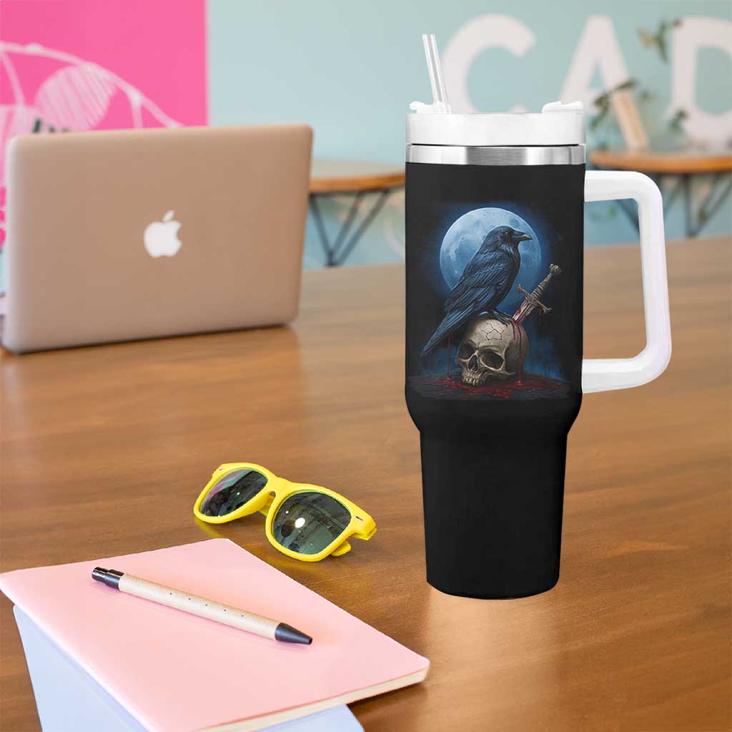 Horror Raven On Skull Tumbler With Handle Full Moon Gothic Art